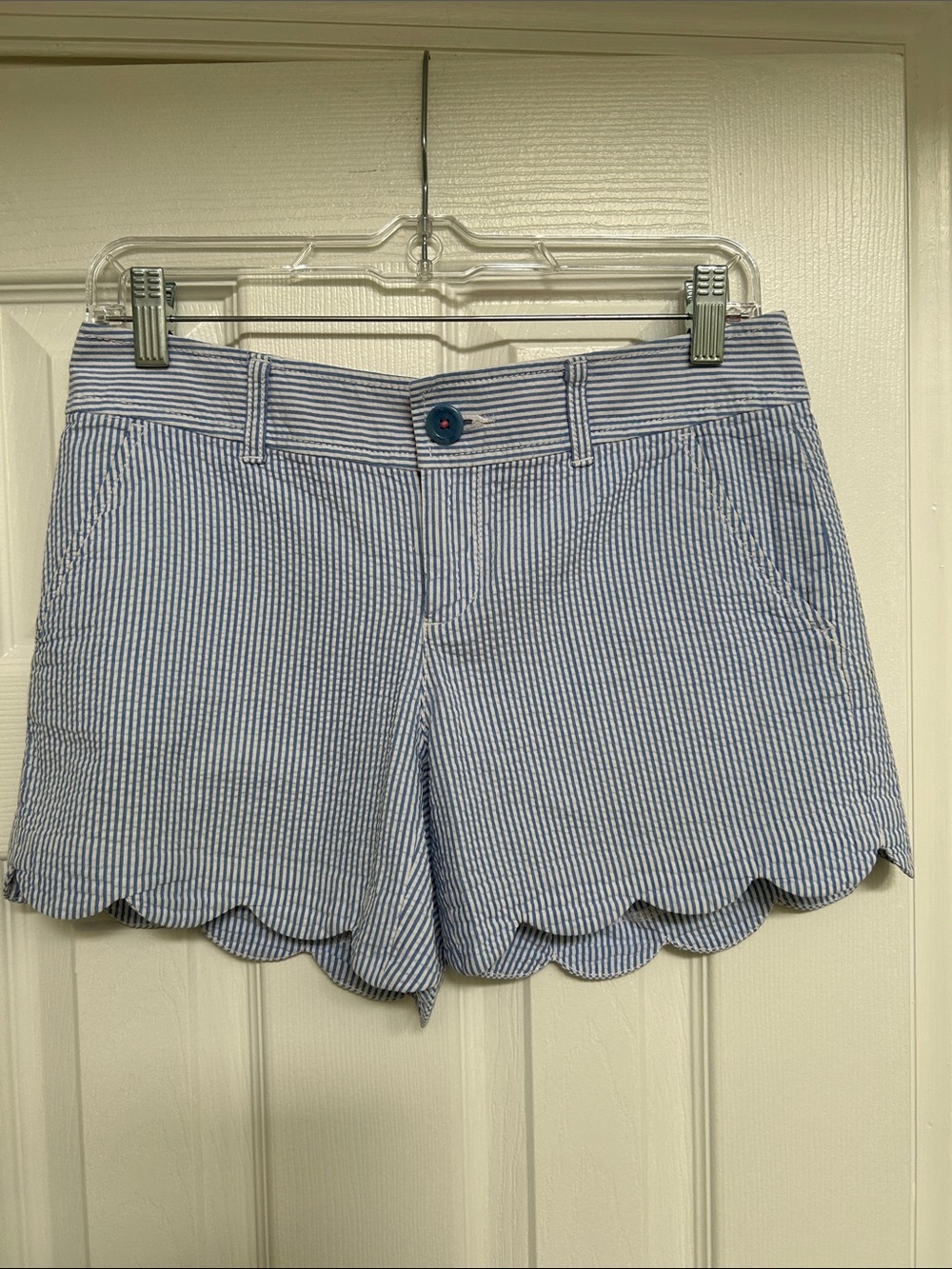 Lilly Pulitzer Blue and White Seersucker Scallop-Hem Shorts